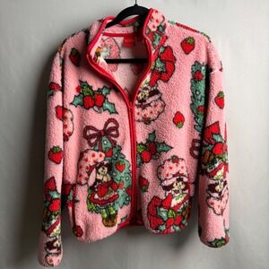 Strawberry Shortcake Pink Fuzzy Fleece Sherpa Zip Up Jacket Kid Core Cute‎ Retro